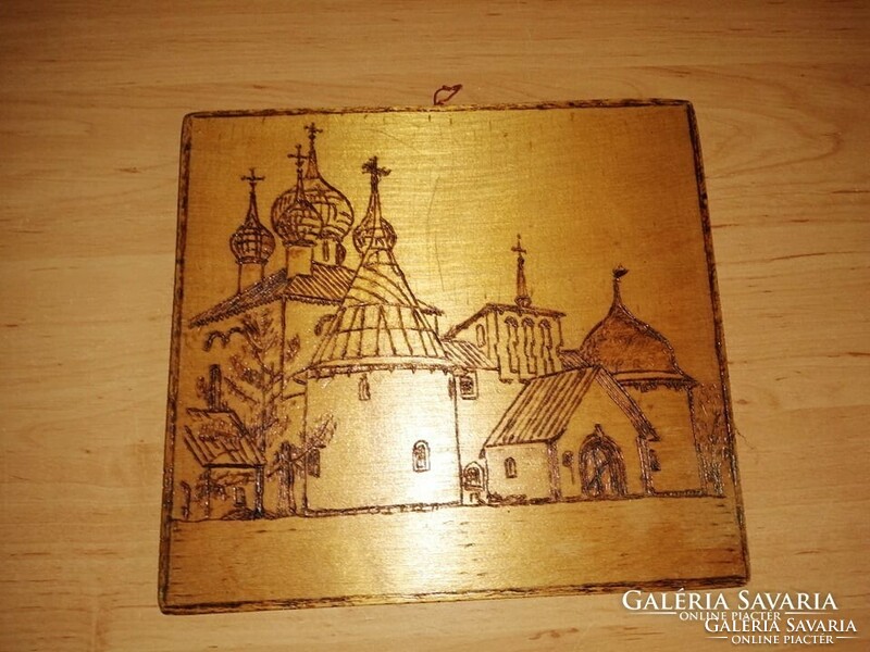 Old lacquered wooden board picture with burnt technique, wall picture of a Slavic church 21*22.5 cm (n)