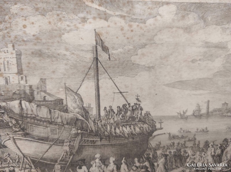 Antik barokk hajó hajózás metszet 1720-1744 nyomat Jacques Rigaud keretben 882 7010