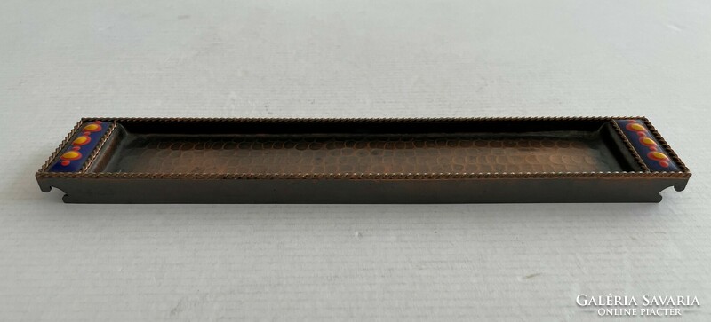 Retro, vintage craftsman copper tray and leaf opener, paper cutter knife with fire enamel decoration