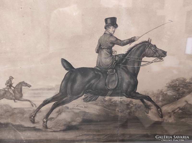 Antik francia lovas sport lovagló ló metszet 19. század keretben 888 7005