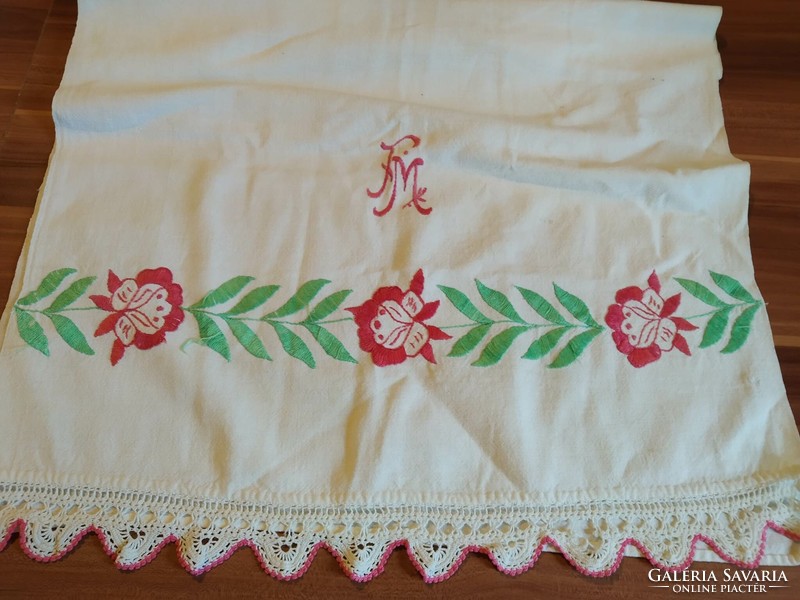 Antique monogrammed (f.M.), embroidered towel with crocheted edge, approx. 90 years old, size: 110 cm x 55 cm