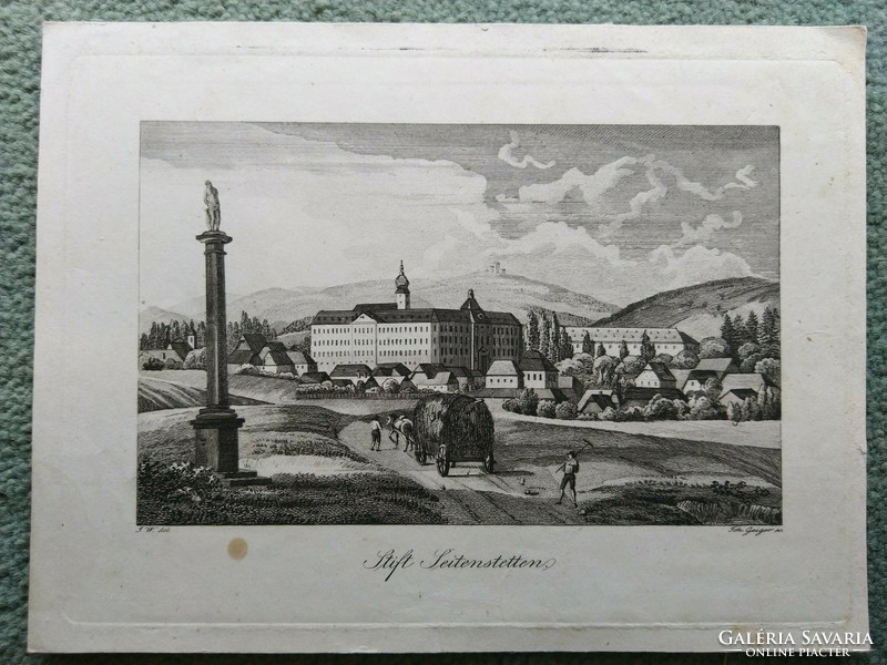 Sift Seitenstetten, Austria. Original wood engraving ca. 1835