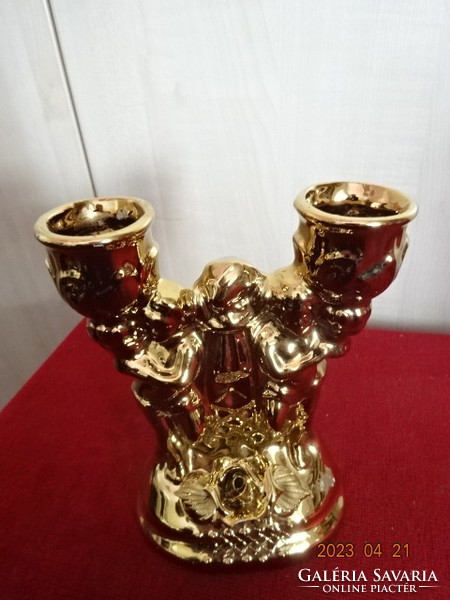 Romanian porcelain, gilded, two-pronged candle holder. Jokai.
