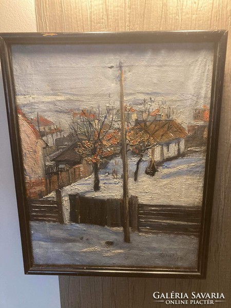 Ismeretlen magyar festő 1930-as évek, téli falusi életkép