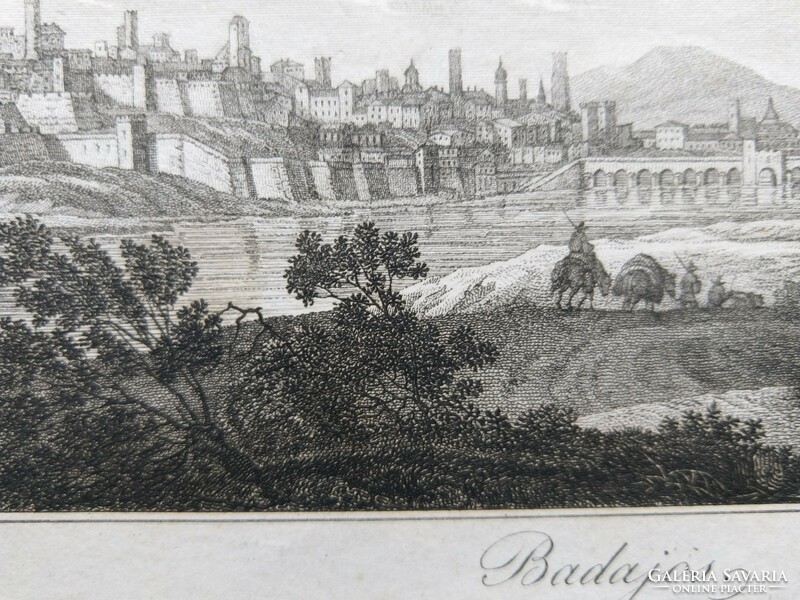 Badajos. Original wood engraving ca. 1835