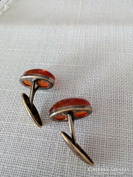 Marked gilt silver Russian cufflink with amber