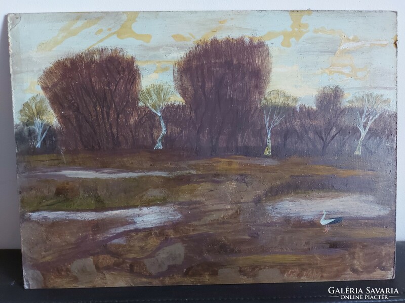 Unsigned painting - the artist on a certain pen ... Maybe - marshy landscape with stork - 445