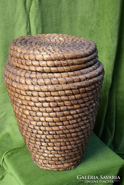 Old mat basket with lid, storage 36 x 48 cm