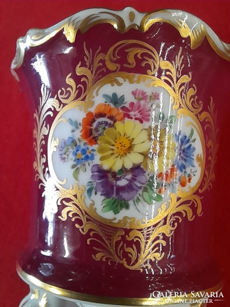 Német,Germany Meissen Virágmintás Aranyozott,Kézi Festésű Lábas Porcelán Kaspó.