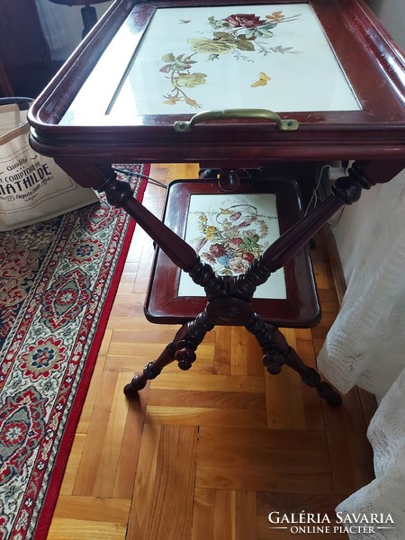 Cherry wood dining table with hand-painted porcelain inserts from Italy