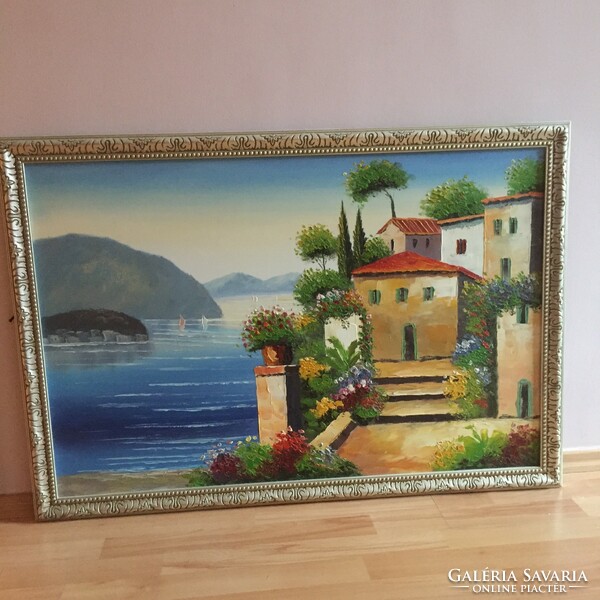 Large 60x80 Mediterranean oil painting depicting a beach 60x80