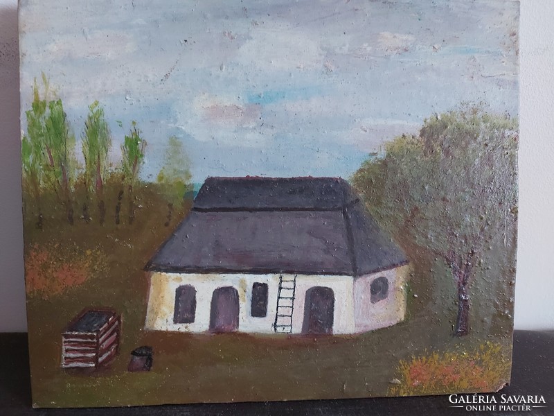 Unsigned painting - the artist is on a certain pencil ... Maybe - lonely house with ladder 468