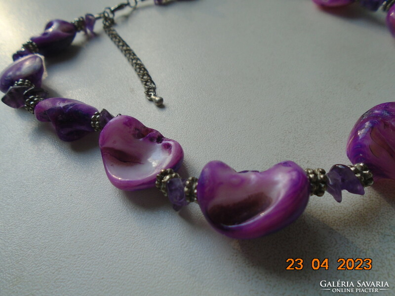 Special purple-pink pearl shell, necklace with amethyst and silver laced pearls