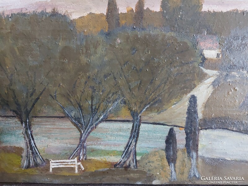 Unsigned painting - the artist is on a certain pen ... Maybe - landscape with trees, bench, stream - 461