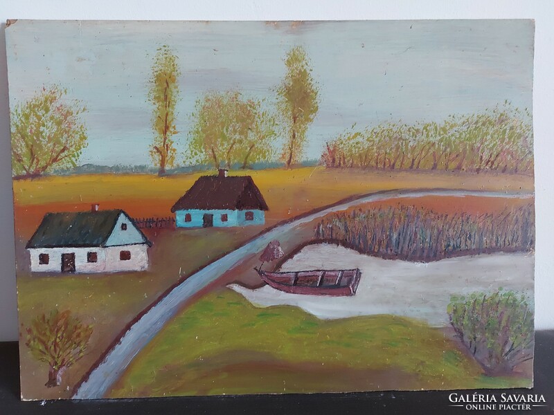 Unsigned painting - the artist is on a certain pen ... Maybe - village edge with a small lake and a blue house 458