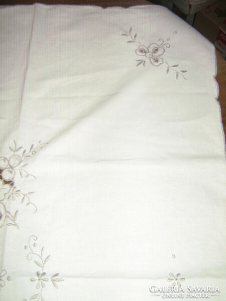 Beautiful vintage off-white graphite gray flower embroidered tablecloth