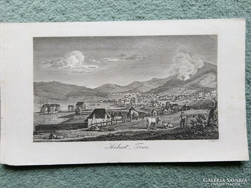 Hobart town. Original wood engraving ca. 1835