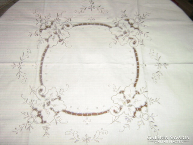 Beautiful vintage off-white graphite gray flower embroidered tablecloth