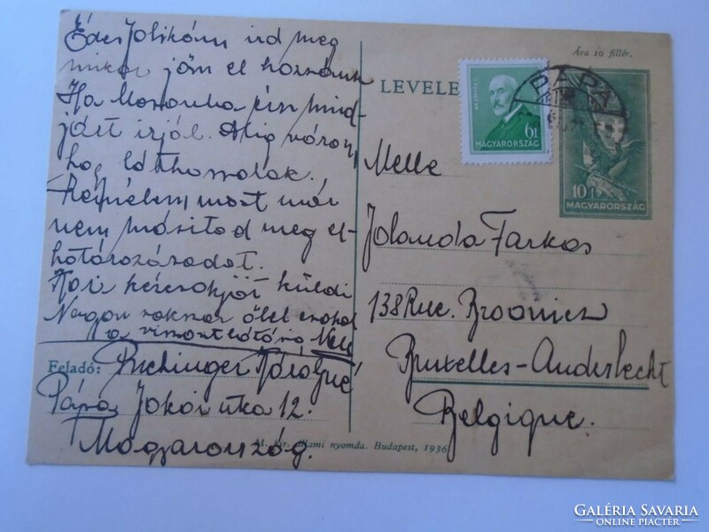 D195031 Régi díjjegyes levelezőlap-1938 Buchinger Károlyné - PÁPA - Jolanda Farkas Bruxelles