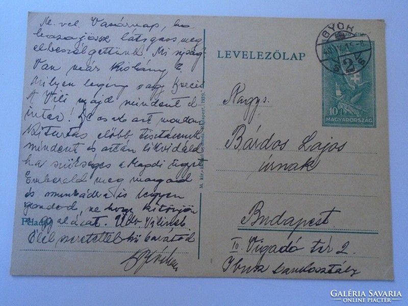 D195029 Régi díjjegyes levelezőlap-1940 GYŐR - Bárdos Lajos Budapest