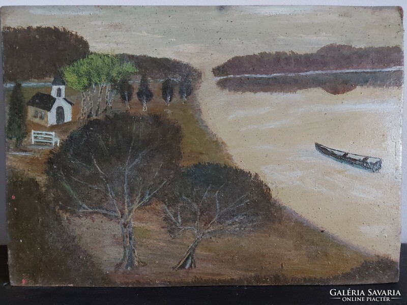 Unsigned painting - the artist may be a certain kalman - lakeside with a church and a boat - 487