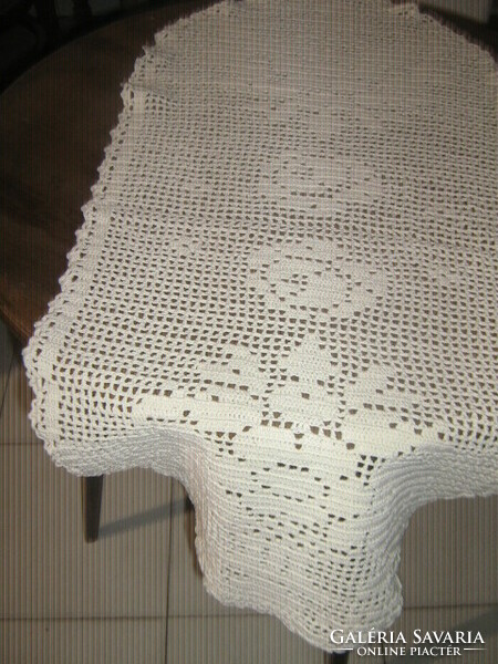 Beautiful off-white antique hand-crocheted floral tablecloth runner