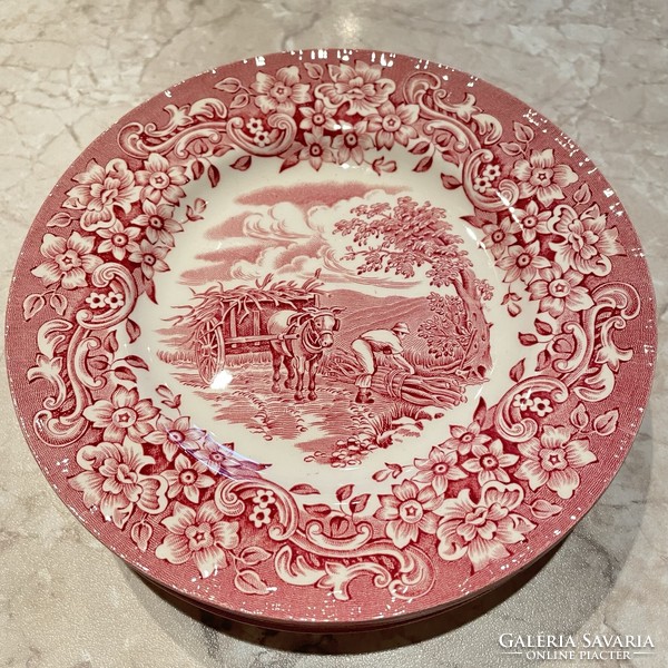 Set of 6 pink painted porcelain small plates, royal tudor war display case condition