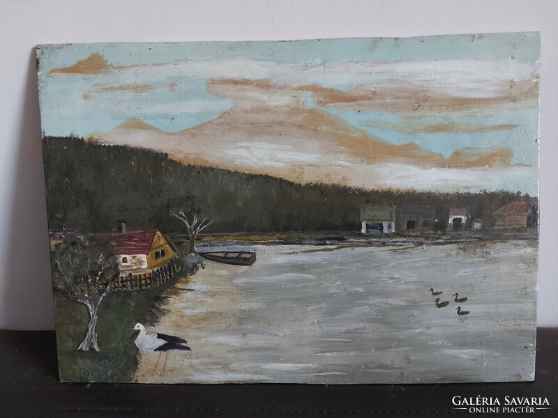 Szignálatlan festmény - Az alkotó egy bizonyos Kálmán lehet - Tópart gólyával és más madarakkal- 484