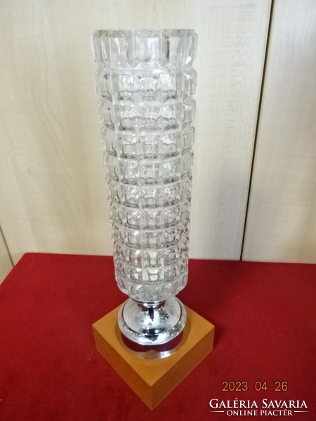 Glass goblet with silver-plated base, wooden base, height 37.5 cm. Jokai.