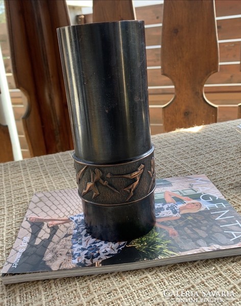 Applied art bronze vase with plastic sports scenes, 18 cm.