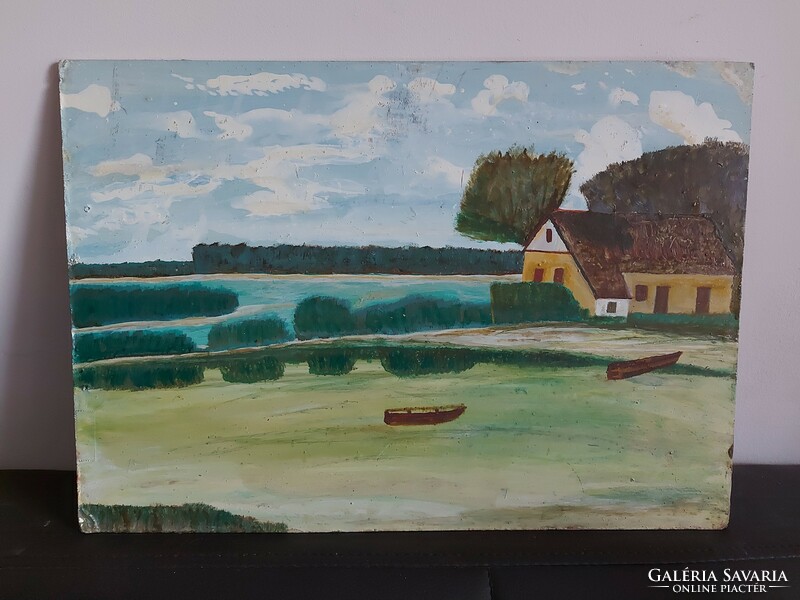 Unsigned painting - the artist may be a certain artist - landscape-lakeside house-boats- 482
