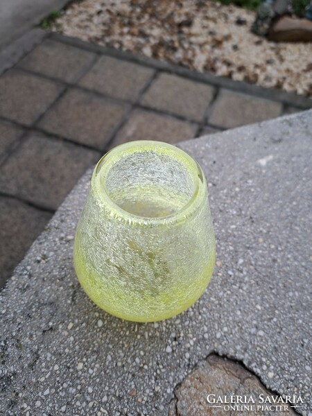 Retro sárga  váza repesztett Gyönyörű  Fátyolüveg fátyol karcagi berekfürdői üveg