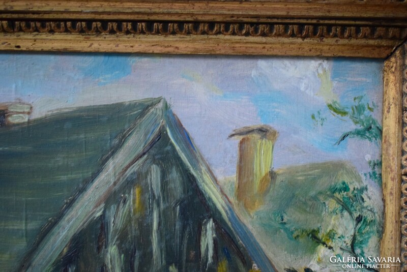 Tanyavilág , vidám vidék olaj festmény 42,5 x 31 cm + keret , ami hibás , keretezett kép