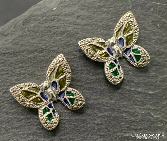 Beautiful butterfly earring with marcasite and fire enamel - yellow, silver /925/ --new
