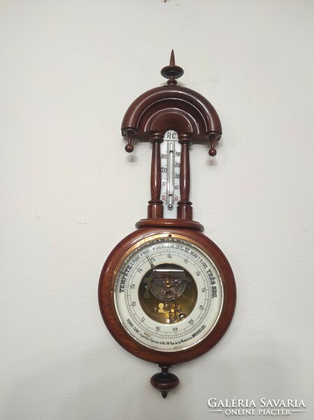 Antique neo-baroque tin German barometer richly carved wall thermometer works French text 461 7383