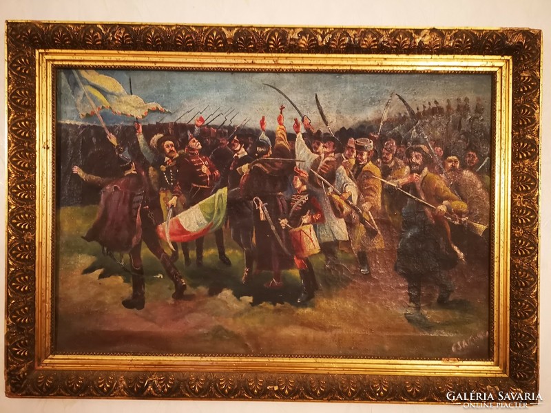 Antik Csatajelenet festmény, huszárok a háttérben elöl gyalogos roham. Magyar zászlóval