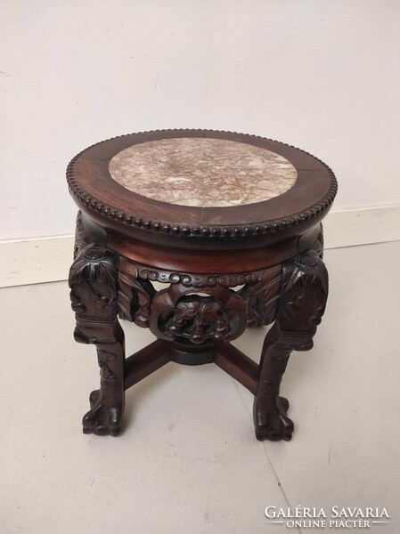 Antik kínai bútor kis asztal dúsan faragott márványlapos kaspó váza tartó 472 7402