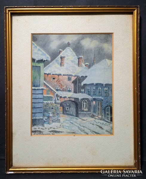 Mesebeli téli utcakép - selyem hordozón - jelzett, 1937