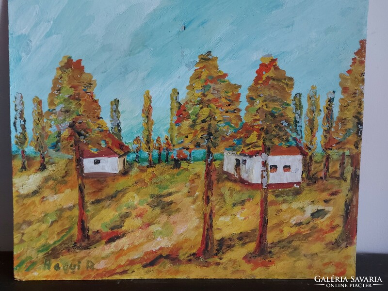 Signed painting - mountain a. With sign - forest houses - 489