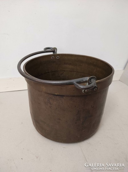 Antique kitchen copper cauldron, heavy pot, yellow and red copper kettle with iron handle 423 7380
