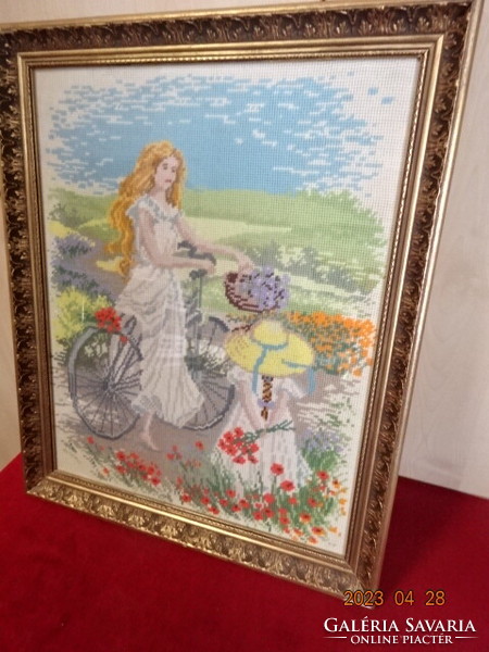Girl with a bicycle, tapestry picture. Size: 57 x 47 cm. Jokai.