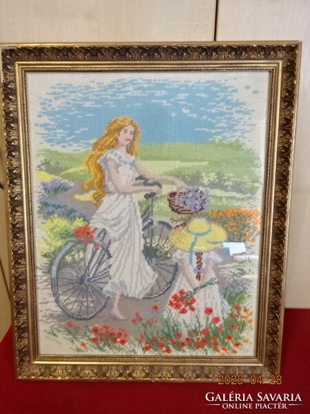 Lány biciklivel, gobelin kép. Mérete:57 x 47 cm. Jókai.