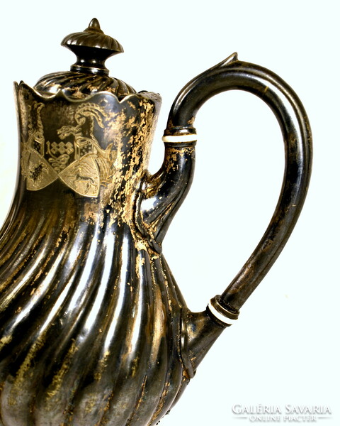 1888 Contemporary antique pewter teapot with coat of arms engraved pattern