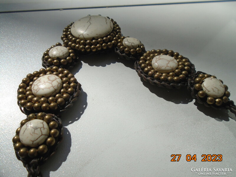 Nepalese tribal leather cord braided necklace with 7 howlite discs and gold pearl pendants