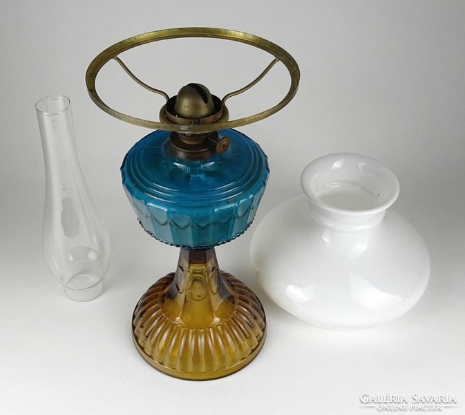 1L916 antique blue and amber glass kerosene lamp with cover and cylinder 46.5 Cm