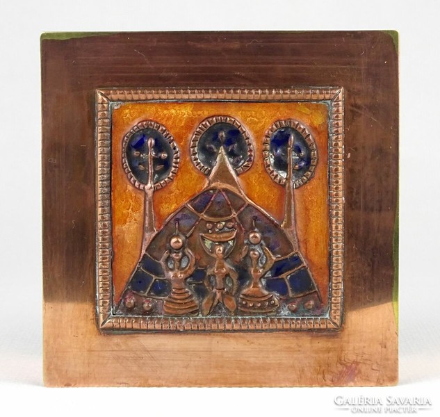 1M934 marked fire enamel decorative applied arts copper box on boria