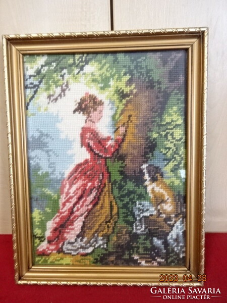 Nő a fánál kutyával, gobelin kép. Mérete: 34 x 26 cm. Jókai.