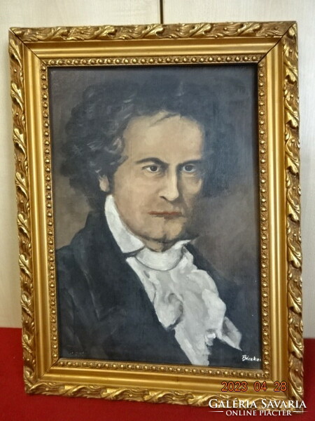 Olaj festmény,  Bicskei szignóval Beethoven arcképe. Mérete: 48 x 36 cm.  Jókai.