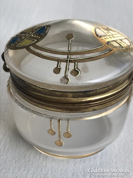 Antique art nouveau glass box with gilded metal rim