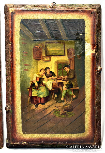 Boastful hunters ... 1900 Around painted chromatolithography wooden framed picture pair !